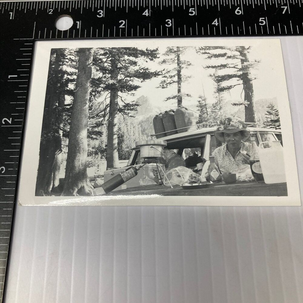 Vintage Snapshot Photograph 1950s Woman Camping Car Mountains Nature